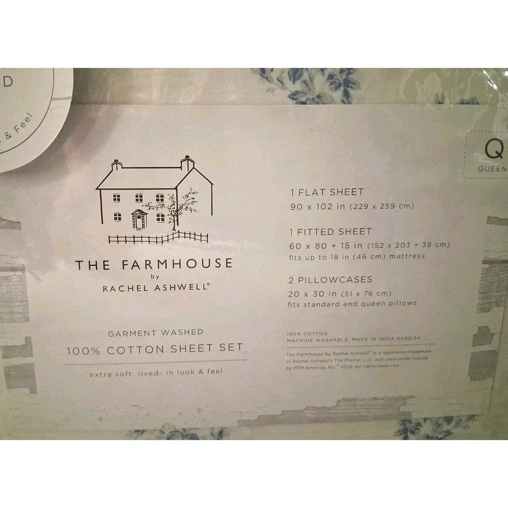 NIP The Farmhouse Rachel Ashwell Queen Cotton 4 Pc Sheet Set Blue Gray Floral